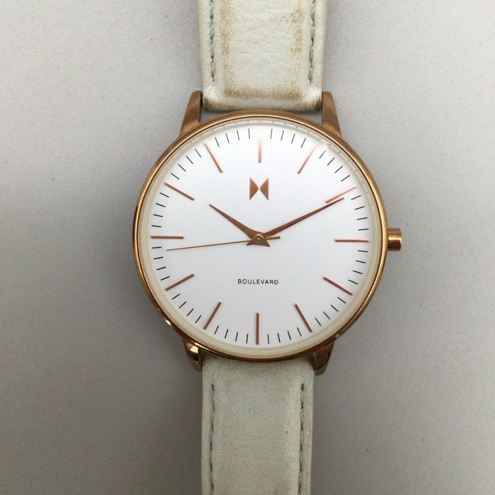 MVMT Boulevard Watch Women 38mm Rose Gold Tone White Leather Band New Battery - Picture 7 of 16